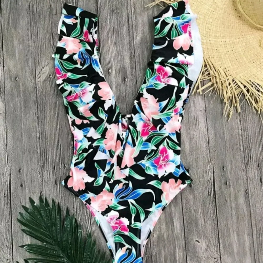 New Floral Print Plunge Front One Piece Swimsuit